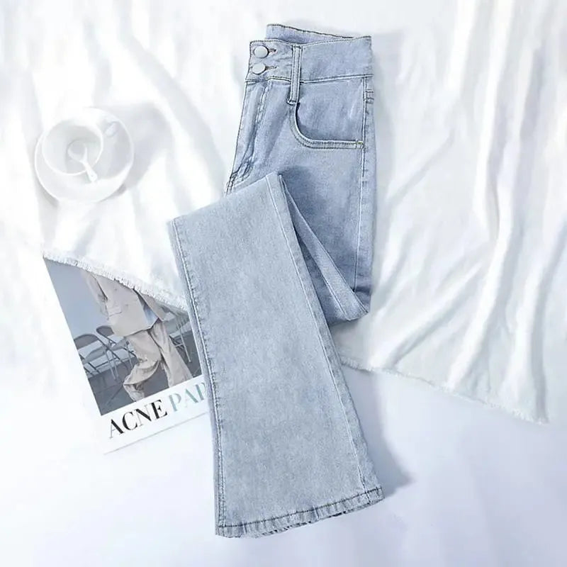 High Waist Double Buckle Bell Bottom Jeans Korean Fashion Slim Skinny Streetwear Denim Trousers Spring Autumn Washed Women Jeans