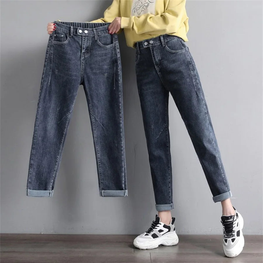High Waist Elastic Waist Ankle-length Harem Denim Pants Korean Fashion Double Button Baggy Jeans Classic Streetwear Women Pants Bluish grey