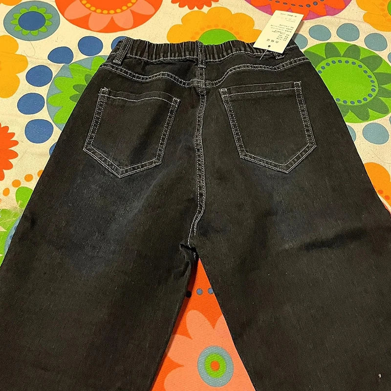 High Waist Elastic Waist Ankle-length Harem Denim Pants Korean Fashion Double Button Baggy Jeans Classic Streetwear Women Pants