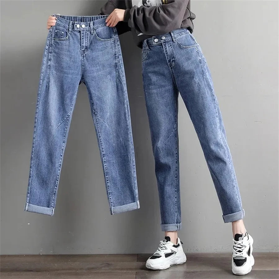 High Waist Elastic Waist Ankle-length Harem Denim Pants Korean Fashion Double Button Baggy Jeans Classic Streetwear Women Pants blue
