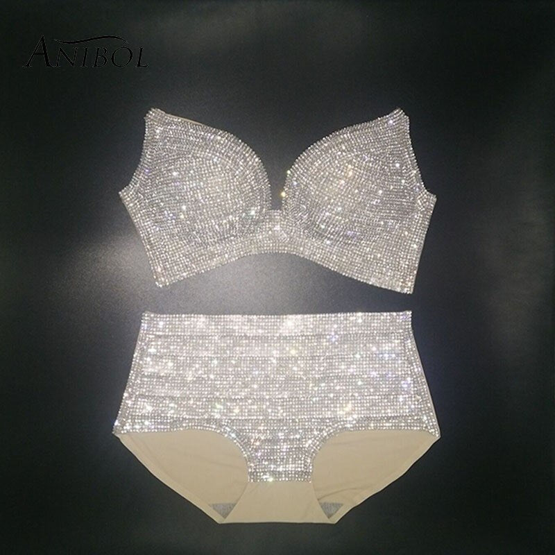 High Waist Sexy Bikini Push Up Rhinestone Women's Swimsuit Luxury Crystal Diamond Swimwear Silver