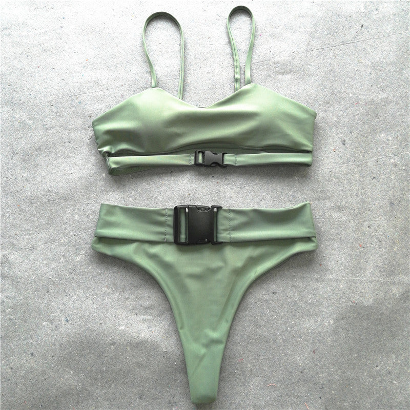 High Waisted Buckle Bikini Set Army Green