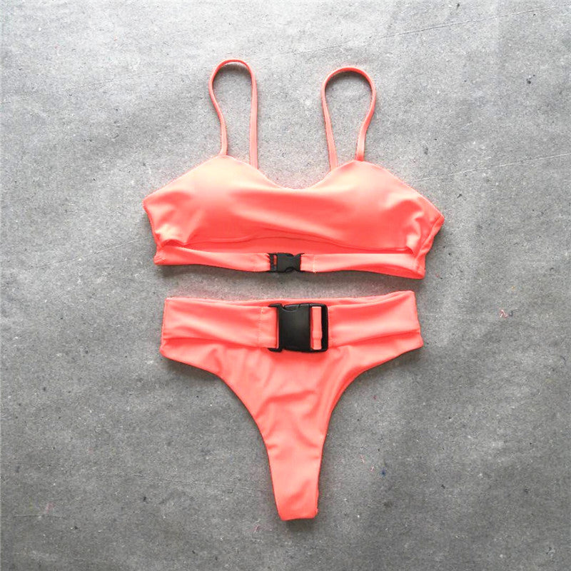 High Waisted Buckle Bikini Set Pink