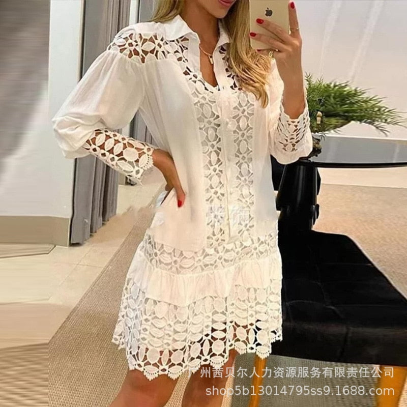 Hollow Out Floral Solid Color Fashion Casual Sexy Guipure Lace Patch Shirt Dress Mini Dress White