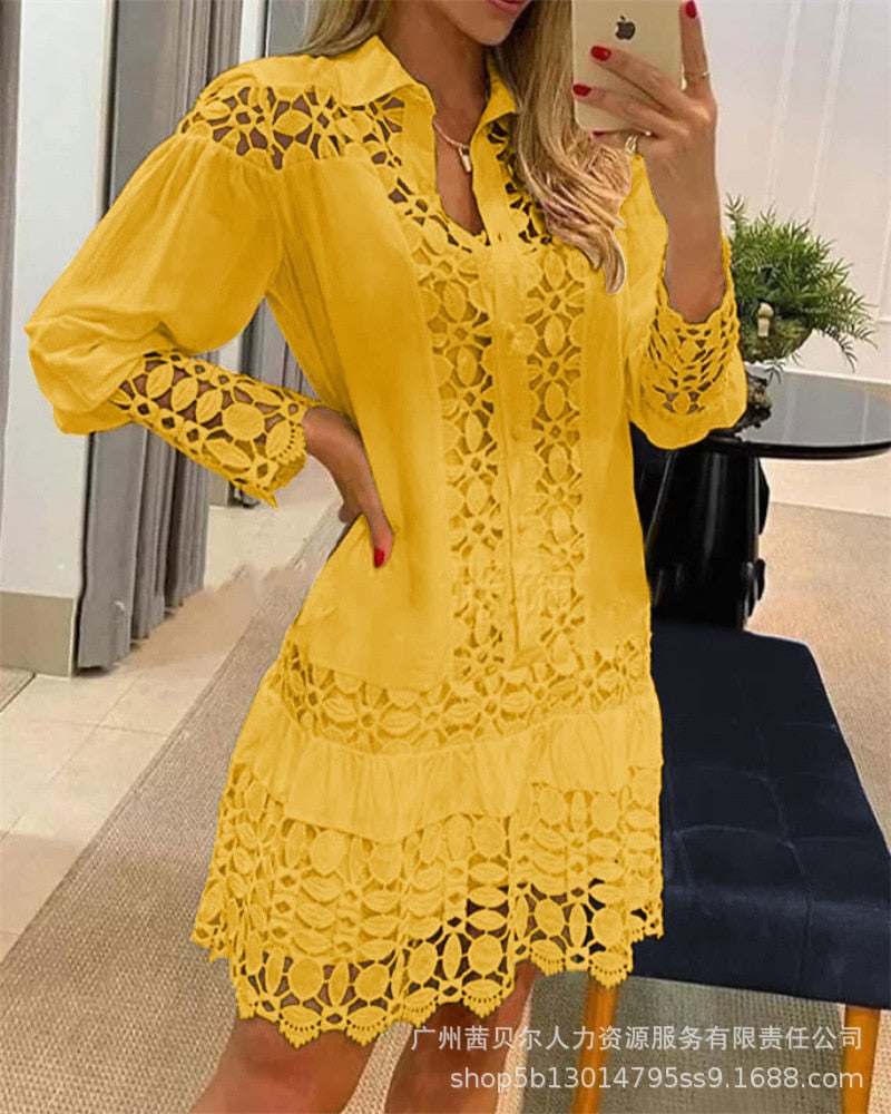 Hollow Out Floral Solid Color Fashion Casual Sexy Guipure Lace Patch Shirt Dress Mini Dress Yellow