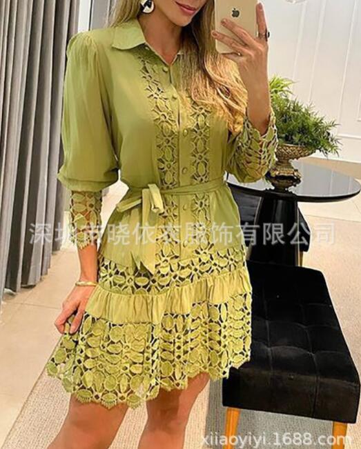 Hollow Out Floral Solid Color Fashion Casual Sexy Guipure Lace Patch Shirt Dress Mini Dress Gold