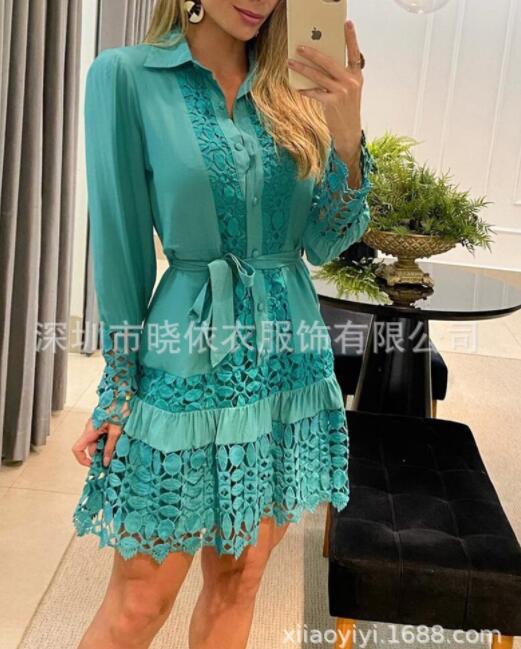 Hollow Out Floral Solid Color Fashion Casual Sexy Guipure Lace Patch Shirt Dress Mini Dress Cyan