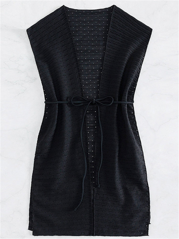 Hollow Out Tunic Beach Cover Up Solid Black Lace Up V Neck Sleeveless Swimwear Holiday Summer Hot Bikini Beachwear 2024