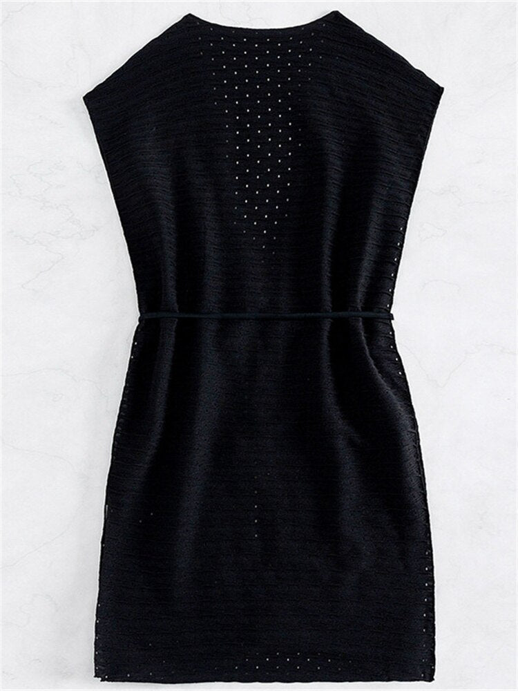 Hollow Out Tunic Beach Cover Up Solid Black Lace Up V Neck Sleeveless Swimwear Holiday Summer Hot Bikini Beachwear 2024