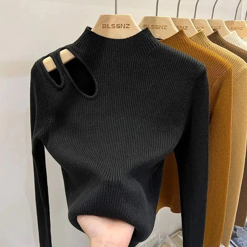 Hollow-out Turtleneck Knitted Women Sweater Ribbed Pullovers Autumn Winter Basic Women Sweaters Fit Soft Warm Tops black One Size