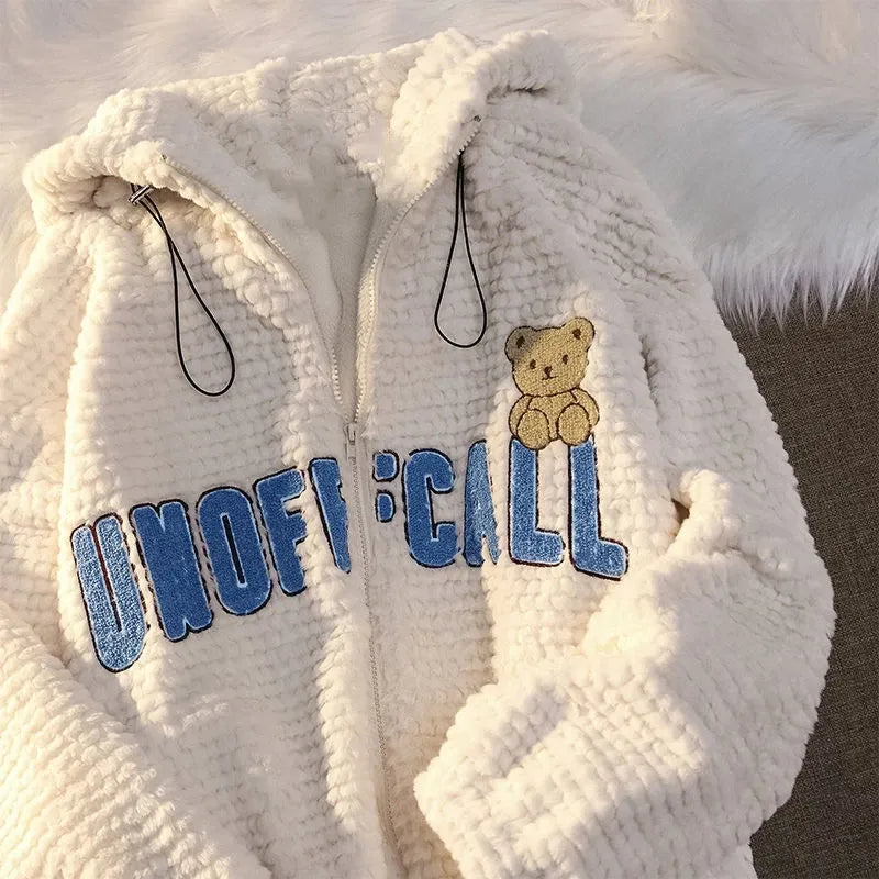 Hoodie Cotton Clothing Women Cute Fun Bunny Ears Lamb Velvet Cotton Clothes New Fashion Loose Zipper Hoodie Warm Coat Streetwear White 3