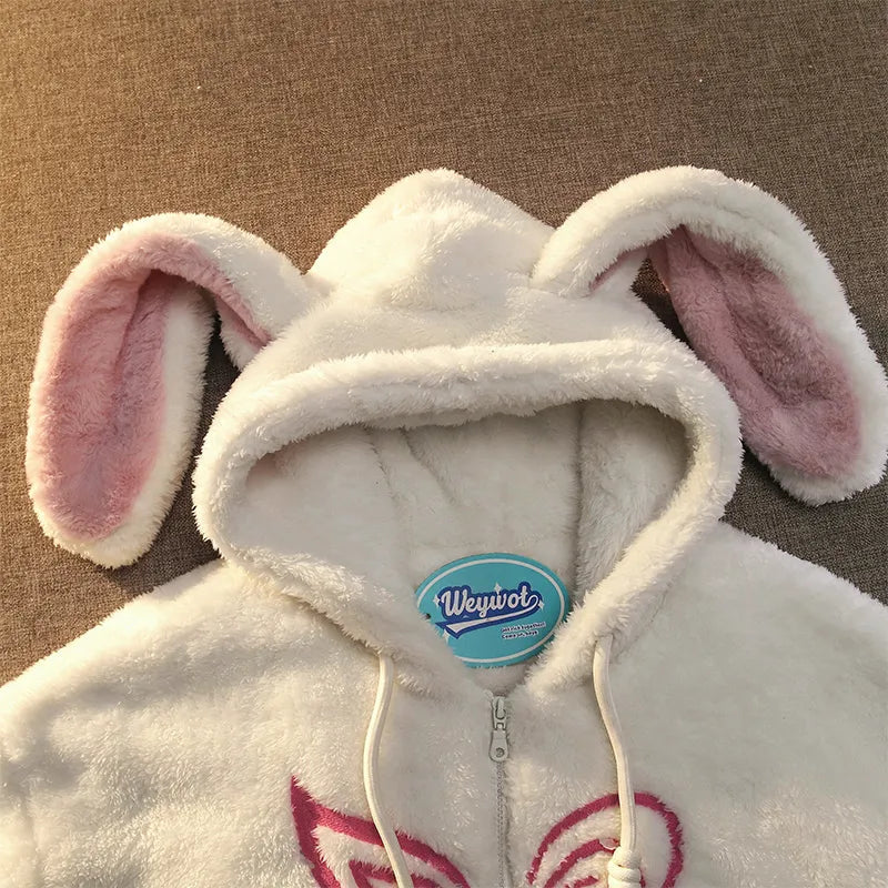 Hoodie Cotton Clothing Women Cute Fun Bunny Ears Lamb Velvet Cotton Clothes New Fashion Loose Zipper Hoodie Warm Coat Streetwear