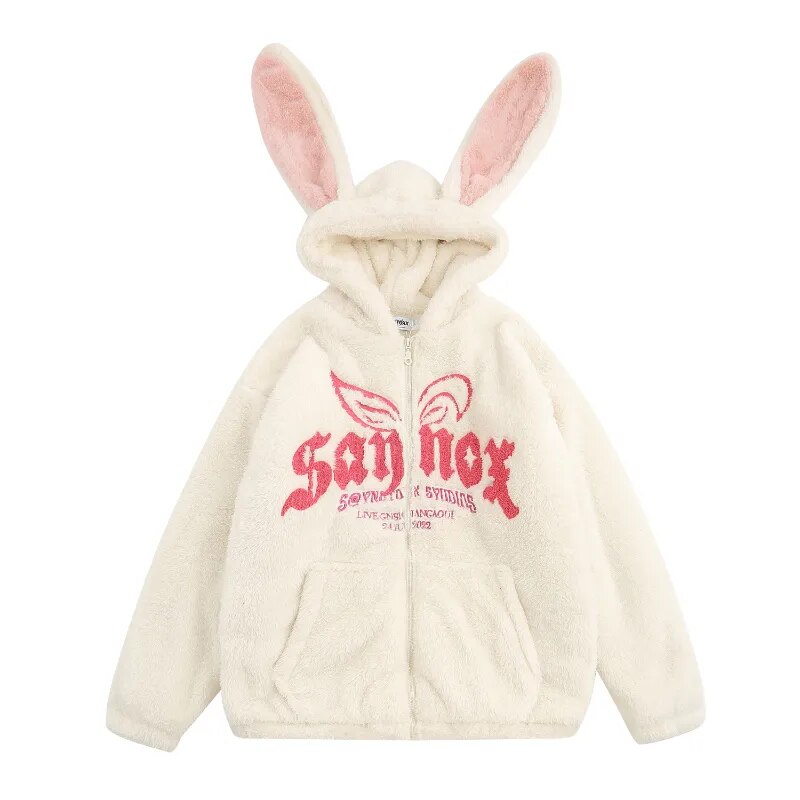 Hoodie Cotton Clothing Women Cute Fun Bunny Ears Lamb Velvet Cotton Clothes New Fashion Loose Zipper Hoodie Warm Coat Streetwear