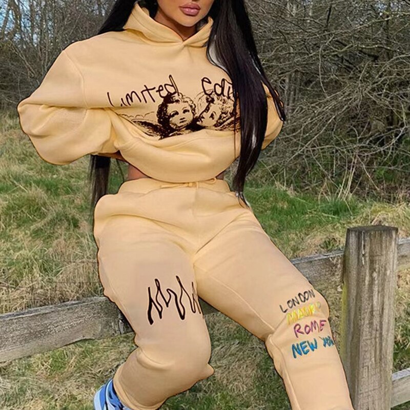 Hoodies Set Woman Pants 2 Pieces Joggers Tracksuit Long Sleeve Sweatshirt Sweatpant Printed Loose Suit Fall Outfits Sportswear Apricot