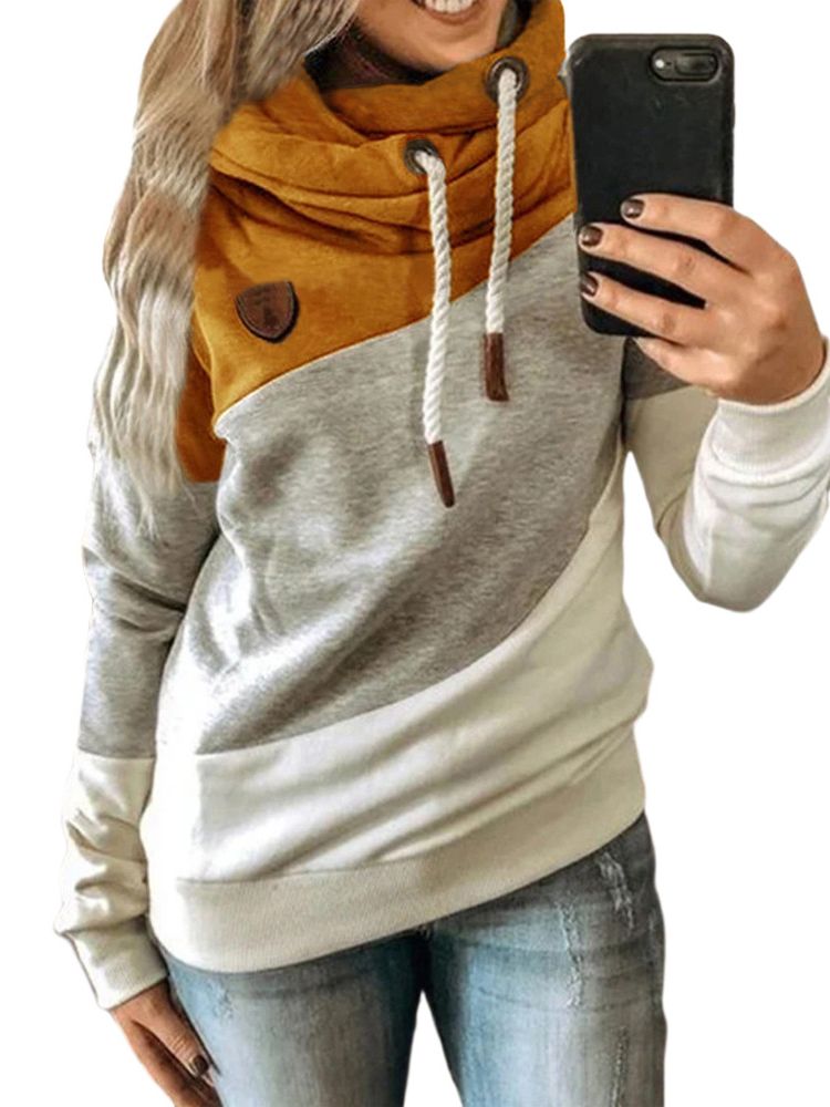 Hoodies for Women Color Block Print Hooded Pullover Casual Long Sleeve Drawstring Sweatshirt Blouse Tops SY201010-huang