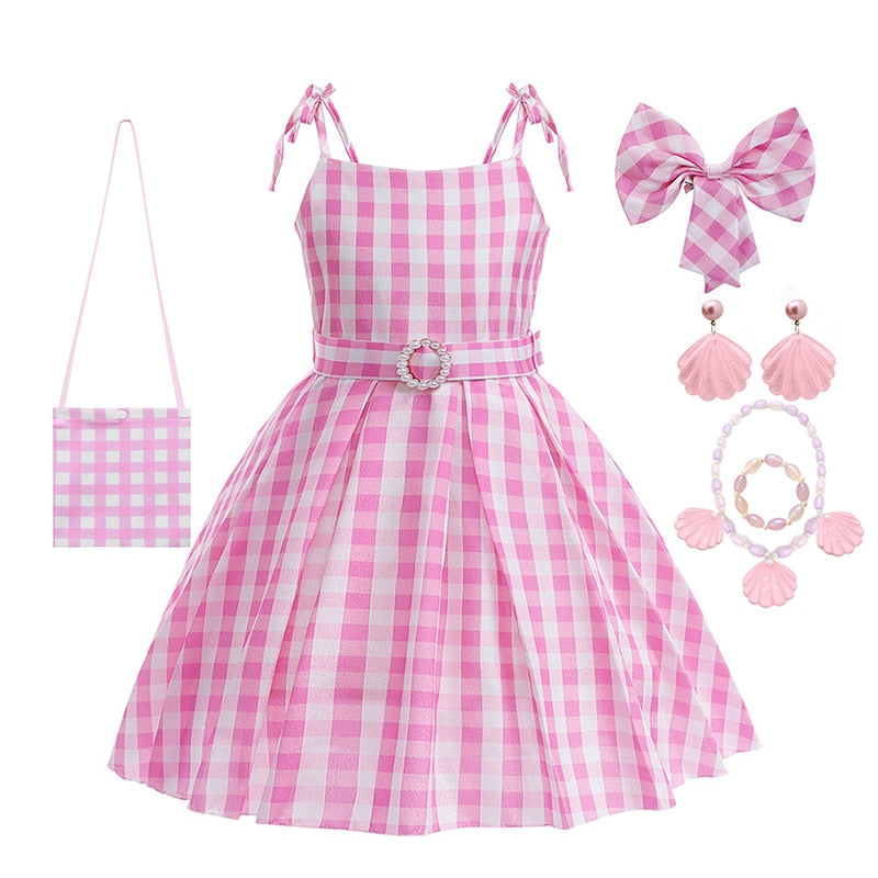 Hot Movie Barbie Costume For Kids Girls Cosplay Pink Plaid Dress Halloween Girl Dress Up Carnival Party Clothes With Hat 2-10T Pink Dress Set3