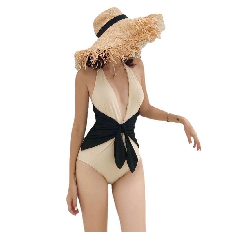 Hot Spring Swimsuit Feminine V-Neck One Piece Bikini Black Slim Covering Small Chest Wrapped Backless Swimsuit