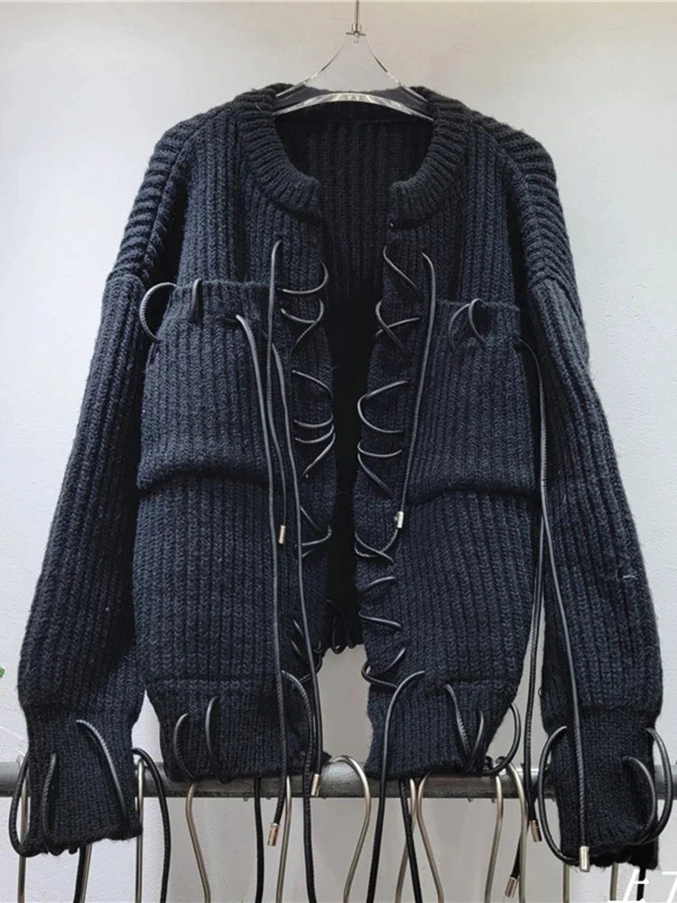 IEQJ Design Sense Thick Knitted Strap Cardigan Sweater Coat For Women Long Sleeve Loose Casual Sweaters 2023 New Winter 3WQ8114