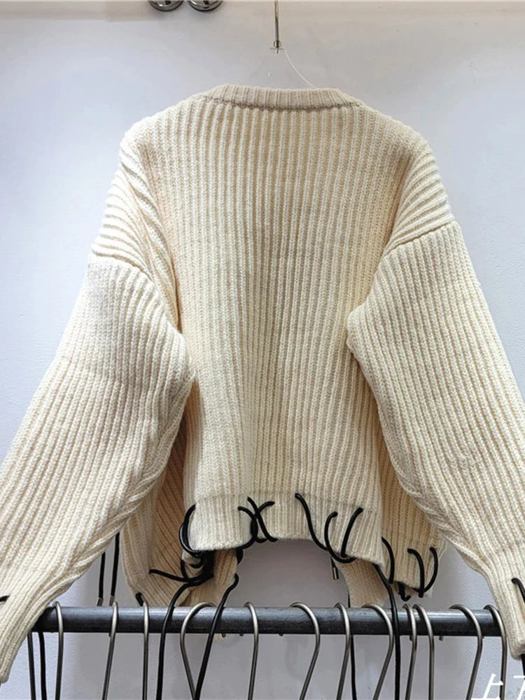 IEQJ Design Sense Thick Knitted Strap Cardigan Sweater Coat For Women Long Sleeve Loose Casual Sweaters 2023 New Winter 3WQ8114