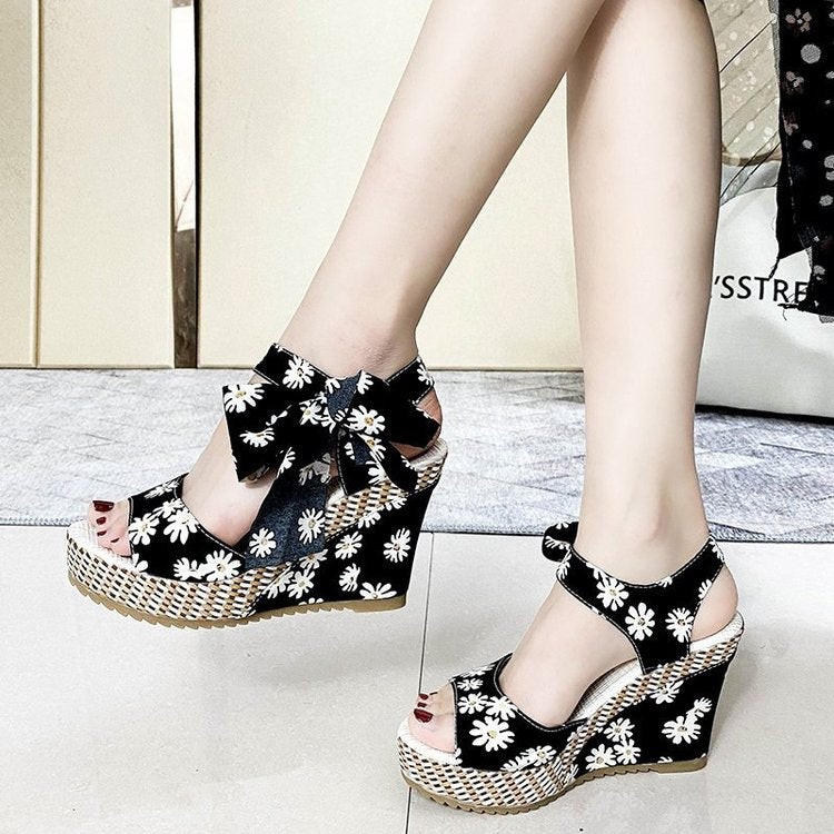 INS Hot Lace Leisure Women Wedges Heeled Women Shoes 2022 Summer Sandals Party Platform High Heels Shoes Woman 98black
