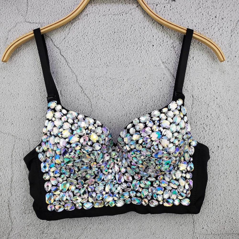 IRENE TINNIE Handmade Shiny Rhinestone Crop Top Shining Tank Top Backless Vest Sexy Bra Party Nightclub Vest