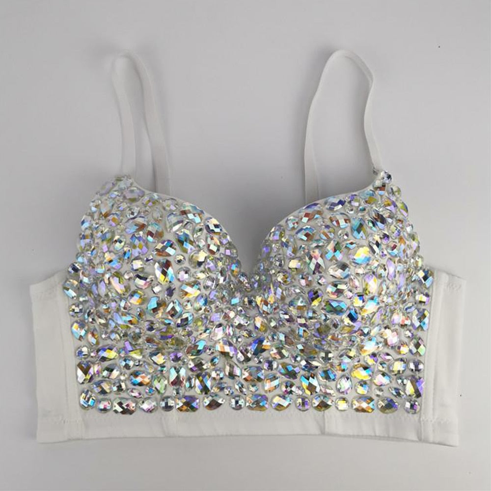 IRENE TINNIE Handmade Shiny Rhinestone Crop Top Shining Tank Top Backless Vest Sexy Bra Party Nightclub Vest