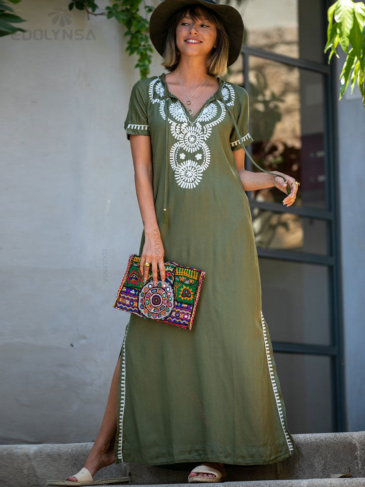 Indie Folk Lace Up V-Neck Batwing Sleeve Summer Beach Dress Tunic Women Beachwear kaftan Maxi Dress Robe Sarong Q595-green-775 One Size