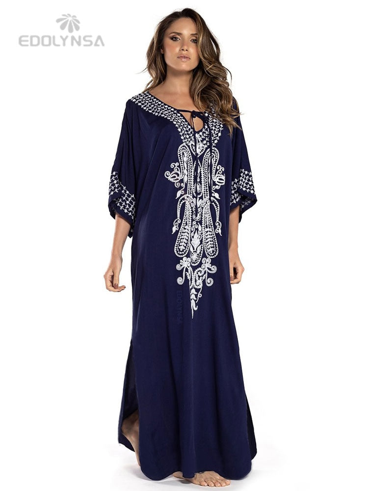 Indie Folk Lace Up V-Neck Batwing Sleeve Summer Beach Dress Tunic Women Beachwear kaftan Maxi Dress Robe Sarong