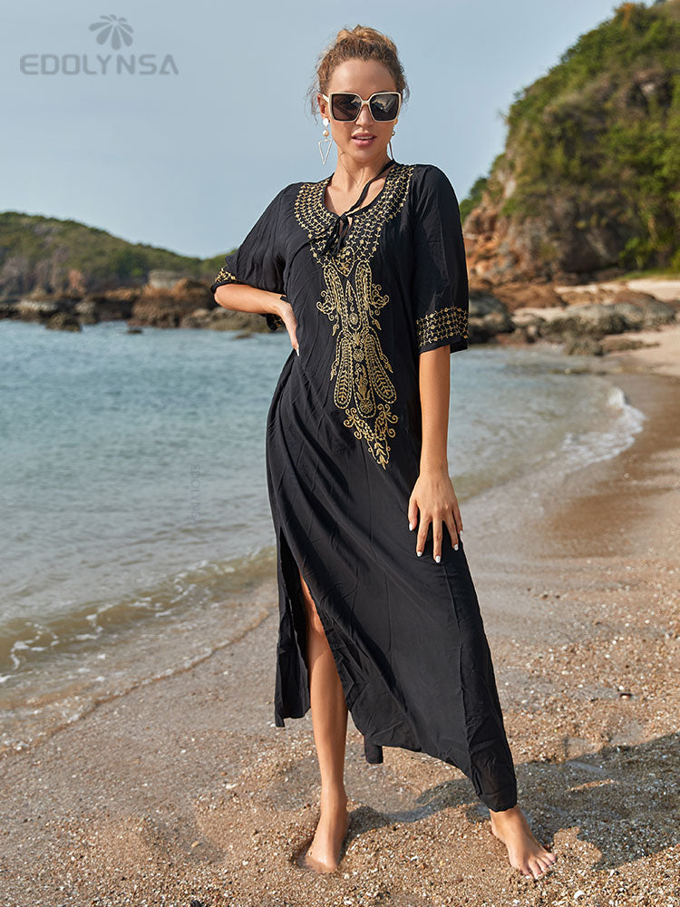 Indie Folk Lace Up V-Neck Batwing Sleeve Summer Beach Dress Tunic Women Beachwear kaftan Maxi Dress Robe Sarong Q775-Black One Size
