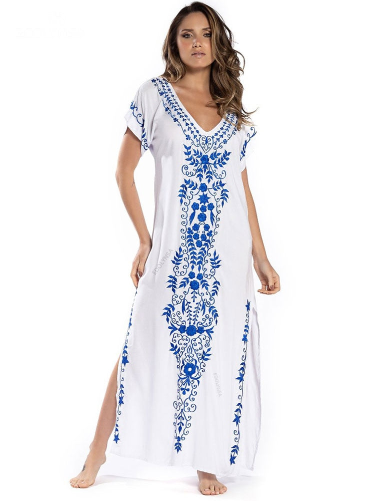 Indie Folk Lace Up V-Neck Batwing Sleeve Summer Beach Dress Tunic Women Beachwear kaftan Maxi Dress Robe Sarong Q790White-775 One Size