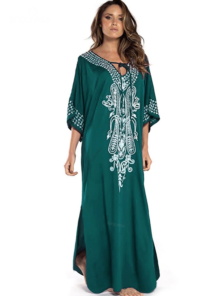 Indie Folk Lace Up V-Neck Batwing Sleeve Summer Beach Dress Tunic Women Beachwear kaftan Maxi Dress Robe Sarong Q775-Green One Size