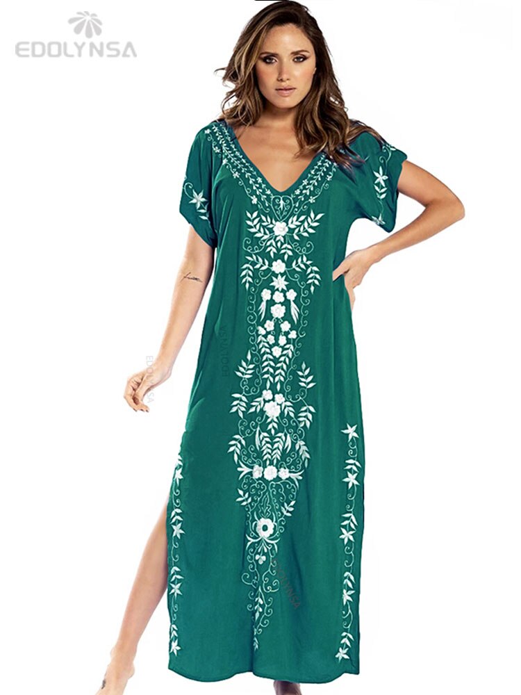 Indie Folk Lace Up V-Neck Batwing Sleeve Summer Beach Dress Tunic Women Beachwear kaftan Maxi Dress Robe Sarong
