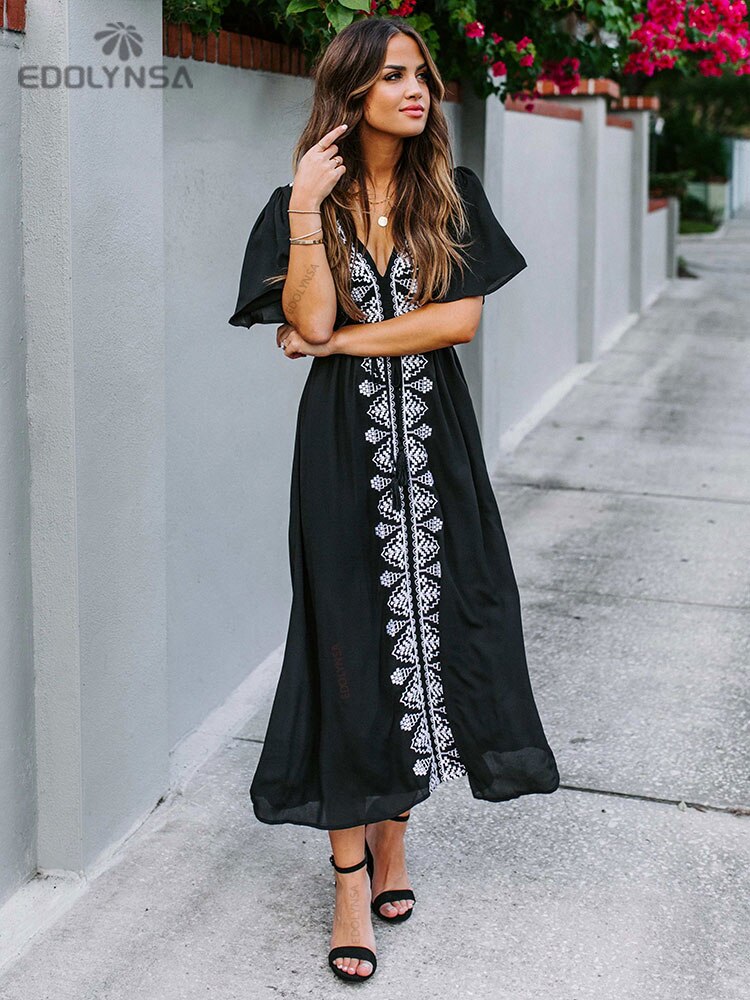 Indie Folk Lace Up V-Neck Batwing Sleeve Summer Beach Dress Tunic Women Beachwear kaftan Maxi Dress Robe Sarong Q1042-775 One Size