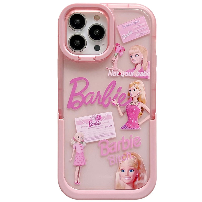 Ins Pink Barbie Princess Doll Stand Iphone 14Promax Case Y2K Girls Transparent Protective Holder Female Soft Smartphone Shell iPhone X
