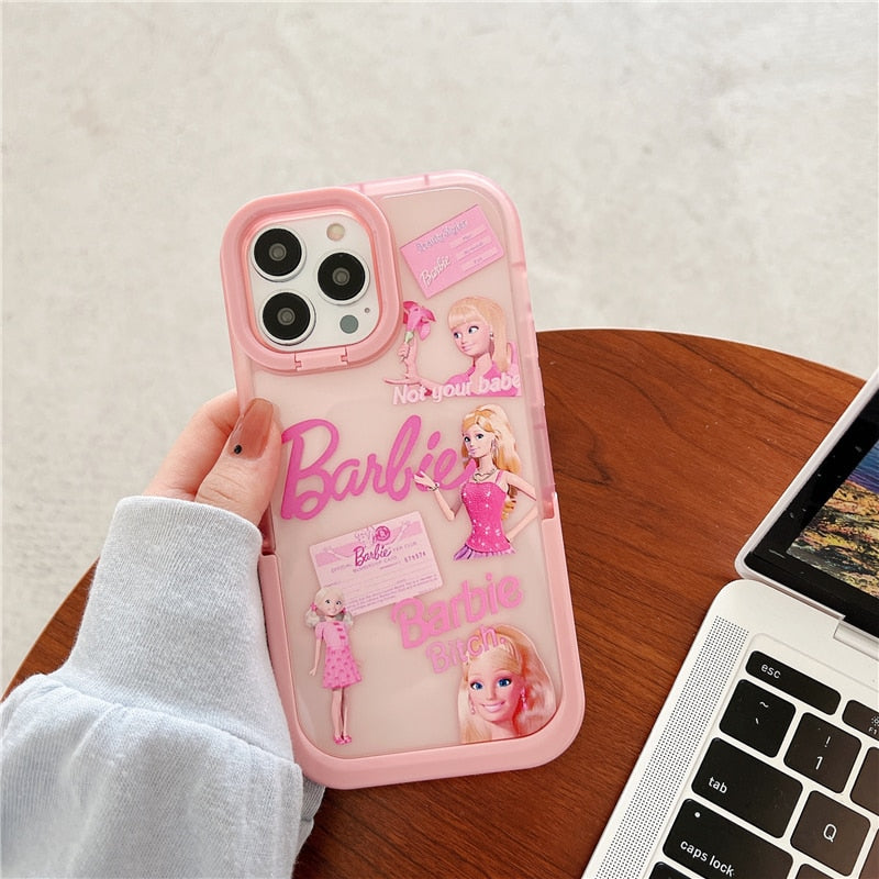 Ins Pink Barbie Princess Doll Stand Iphone 14Promax Case Y2K Girls Transparent Protective Holder Female Soft Smartphone Shell