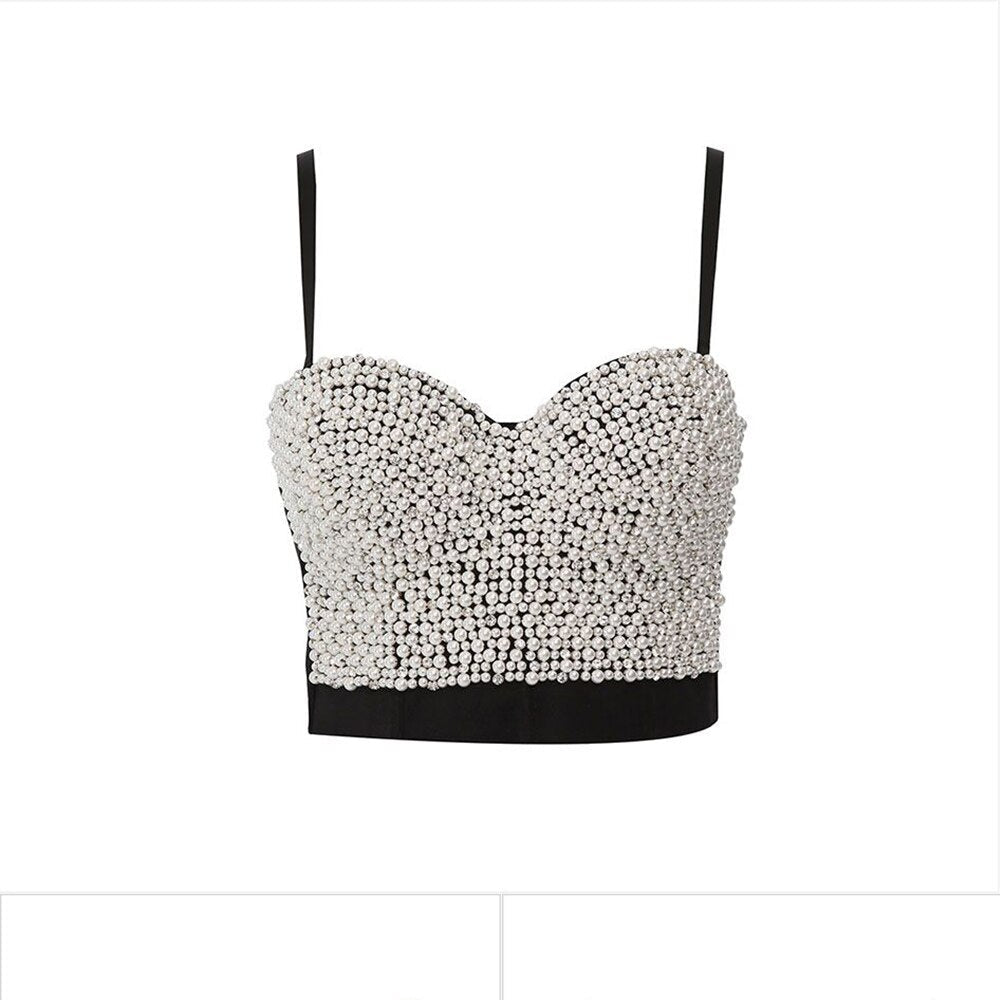 Irene Tinnie Hand-made Pearls Jewel Diamond Bralet Women's Bustier Bra Wedding Party Corset Cropped Top Vest Plus Size 1602