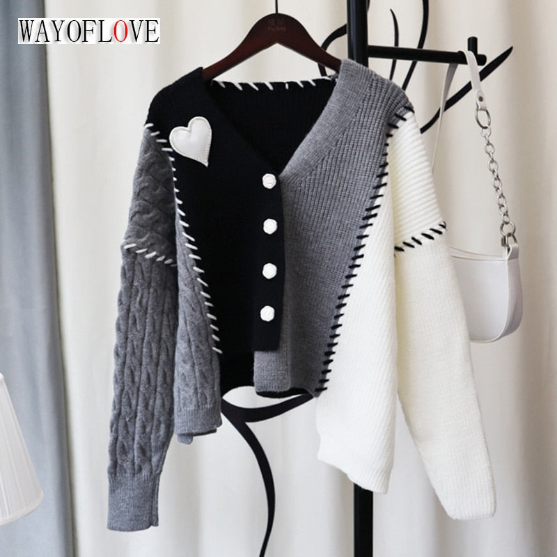 Irregular Love Design Knitted Cardigan Sweaters Women Thick Warm Autumn Winter Sweater Single-breasted Cardigan Women