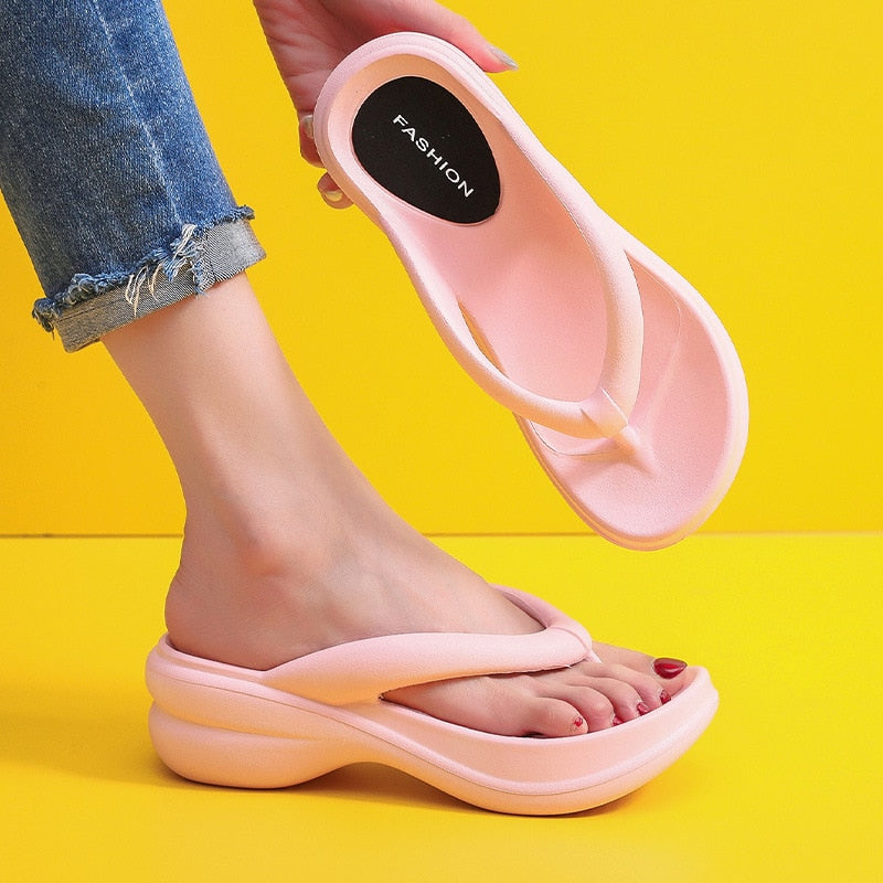 JMPRS Thick Sole Wedges Flip Flops for Women 2024 Summer Clip Toe Platform Sandals Woman Non Slip Beach Slippers Outdoor Slides Pink