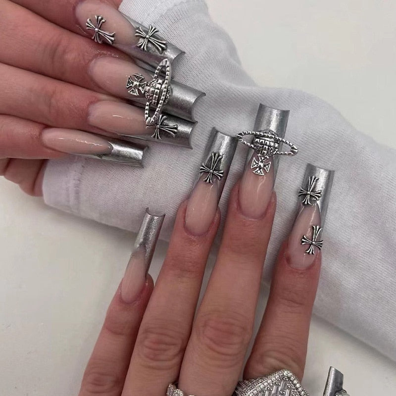 JP2347 Silver French Tip Press on Nails Wholesale Bulk,XXL Reusable Stick on Nails Set Press on Default Title