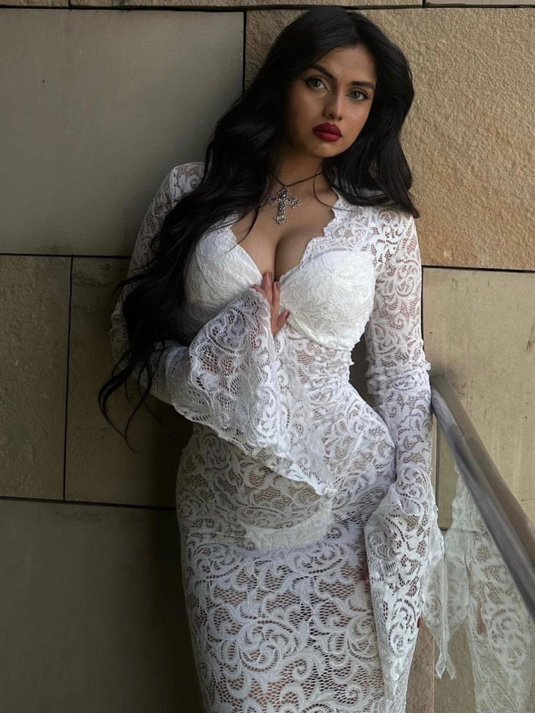 JULISSA MO 2024 Elegant Lace See Through V-neck Maxi Sexy Dress For Women Summer Chic Longsleeves Hollow Out Slim Floor Dress
