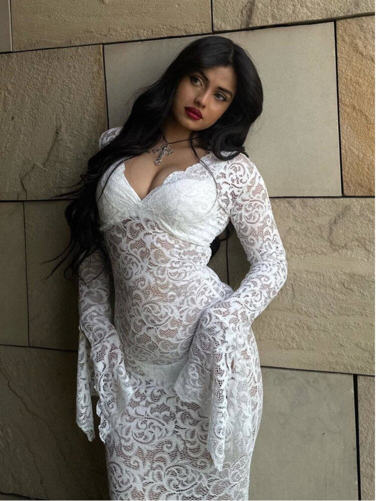 JULISSA MO 2024 Elegant Lace See Through V-neck Maxi Sexy Dress For Women Summer Chic Longsleeves Hollow Out Slim Floor Dress