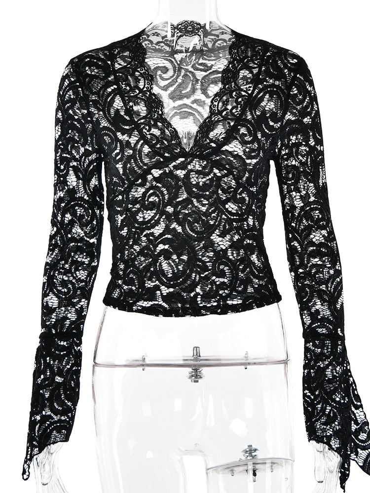 JULISSA MO See Through V-neck Long Sleeve Lace Skinny Tops Outfits Women 2024 Summer Party Club T-Shirts Tees Club Party Clothes Black