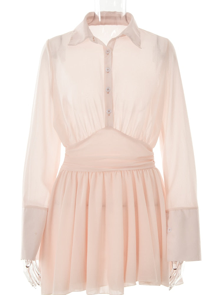 JULISSA MO Sexy Women Chiffon Turndown Collar White Ruched Mini Dress Chic Single Breasted Longsleeve Slim Fall Dresses 2024 pink