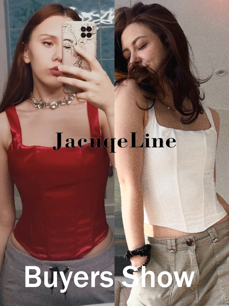 Jacqueline 2024 White Backless Bandage Corset Tops Women Sexy Square Neck Satin Bustier Tank Crop Top Elegant Party y2k Clothes