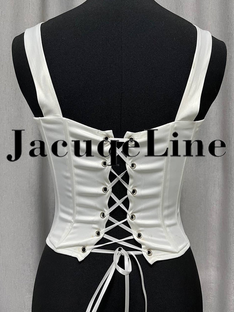 Jacqueline 2024 White Backless Bandage Corset Tops Women Sexy Square Neck Satin Bustier Tank Crop Top Elegant Party y2k Clothes