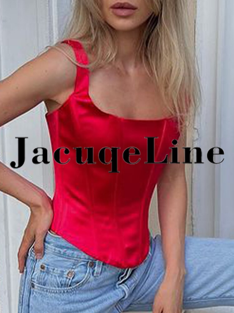 Jacqueline 2024 White Backless Bandage Corset Tops Women Sexy Square Neck Satin Bustier Tank Crop Top Elegant Party y2k Clothes Red