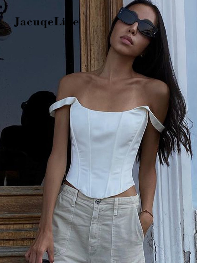 Jacqueline 2024 White Backless Bandage Corset Tops Women Sexy Square Neck Satin Bustier Tank Crop Top Elegant Party y2k Clothes