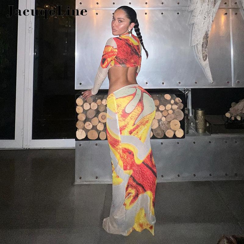 Jacuqeline Sexy Mesh See Through Print Dress Sets Club Party Clothing Long Sleeve Crop Tops and Low Waist Long Skirt Sets 2024