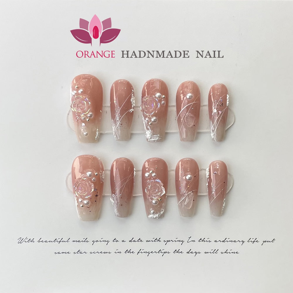 Japanese Fake Press on Nails With Design Pure Handwork Wearable Ballerina Nail Tips Artificial Korean Nail Supplies