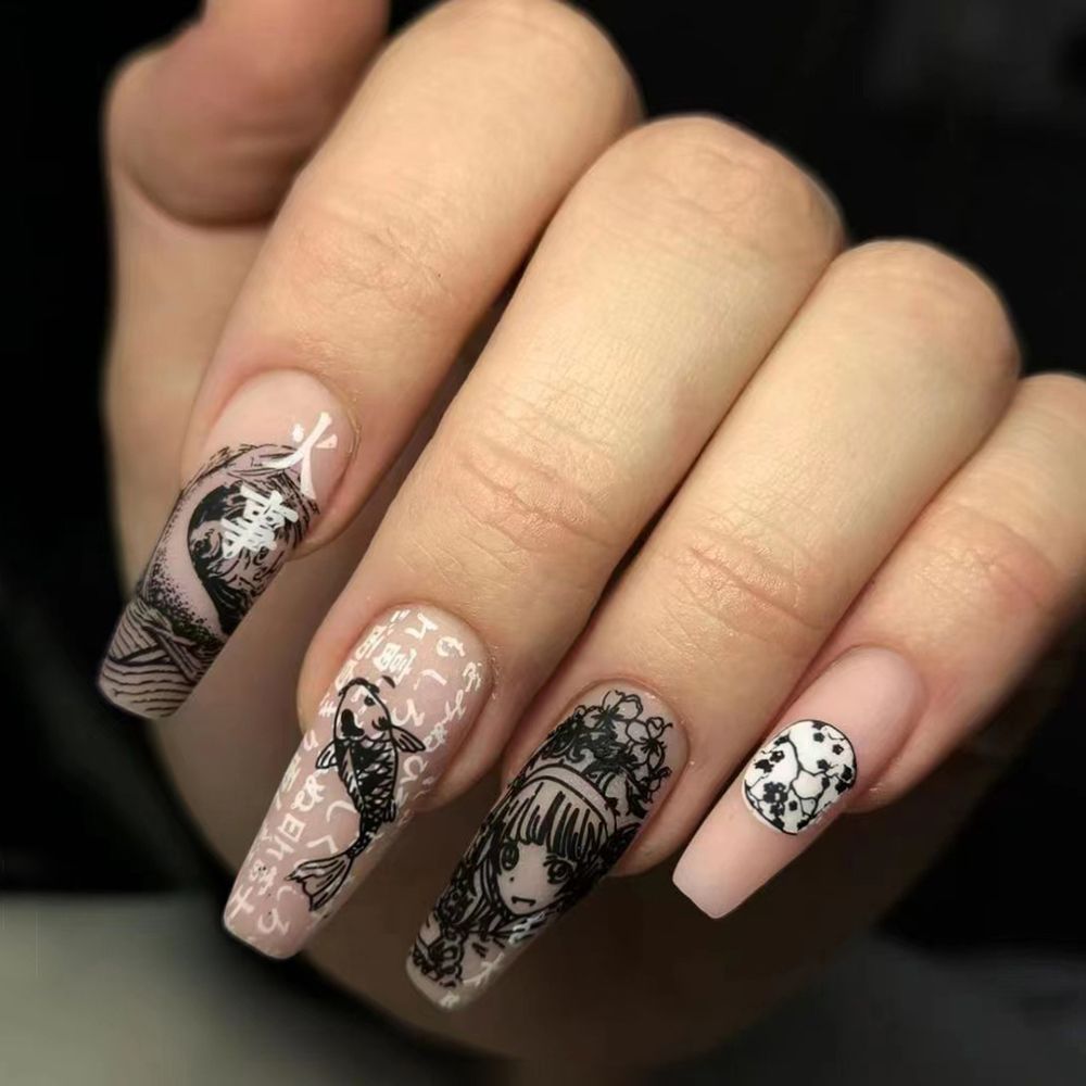 Japanese Style Black Graffiti False Nails Detachable Long Coffin Ballet Fake Nails Full Cover Nail Tips Press on Nails 24Pcs 04
